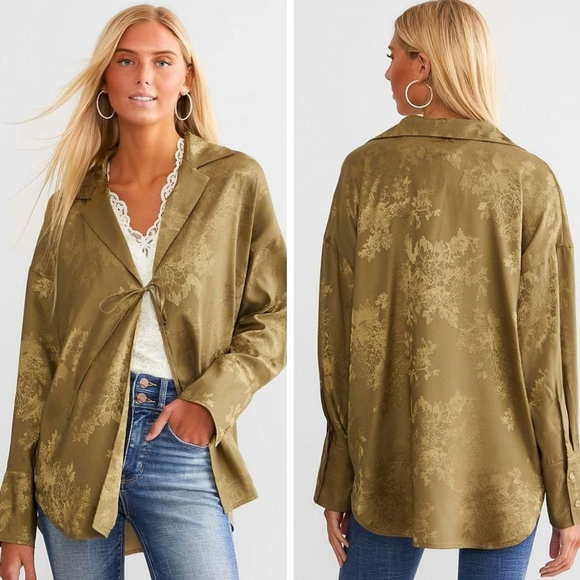 Acoa Floral Jacquard Blouse olive green brocade open tie front size XS new NWT - Picture 2 of 9